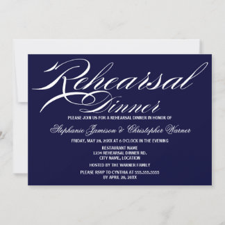 Invitación Cena de Ensayo Elegancia Caligrafía Azul Marino