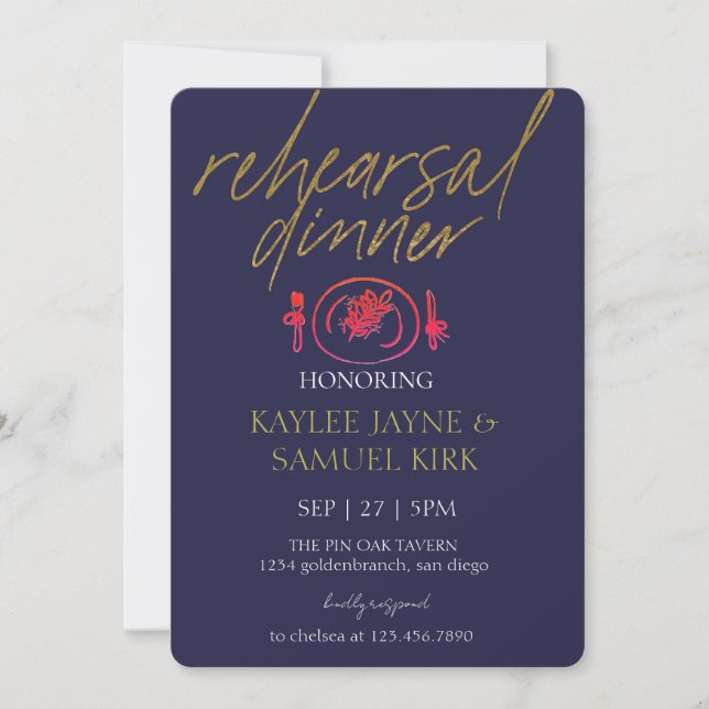 Invitación Cena de Ensayo Elegante (Anverso)