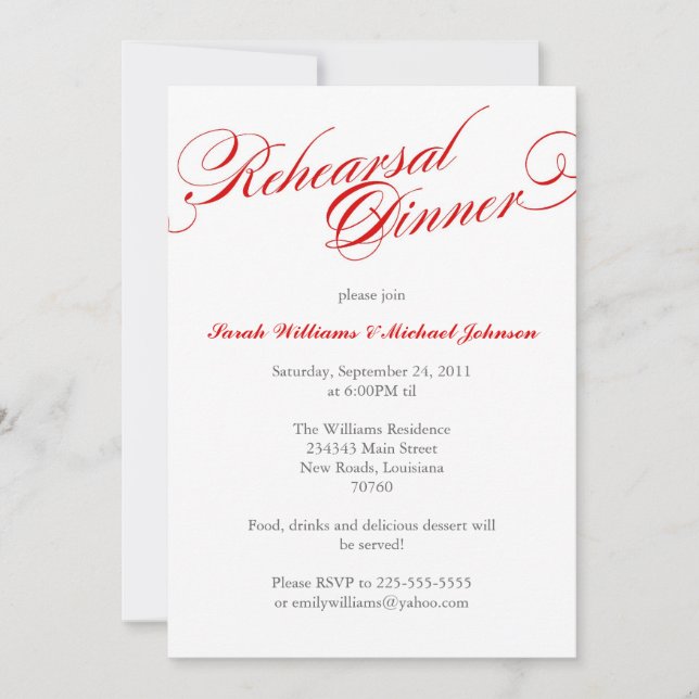 Invitación Cena de ensayo elegante (Anverso)