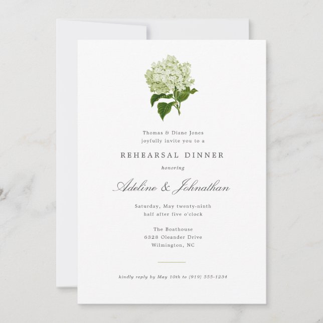Invitación Cena de Ensayo Elegante de Hortensia Verde y Blanc (Anverso)