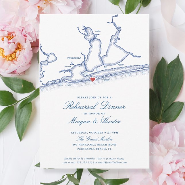 Invitación Cena de ensayo elegante de Pensacola Beach FL (Pensacola Beach Wedding Rehearsal Dinner Invitations by Coastal Map Designs)