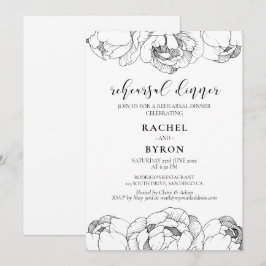 Invitación Cena de ensayo elegante de peonías en blanco y neg