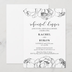 Invitación Cena de ensayo elegante de peonías en blanco y neg