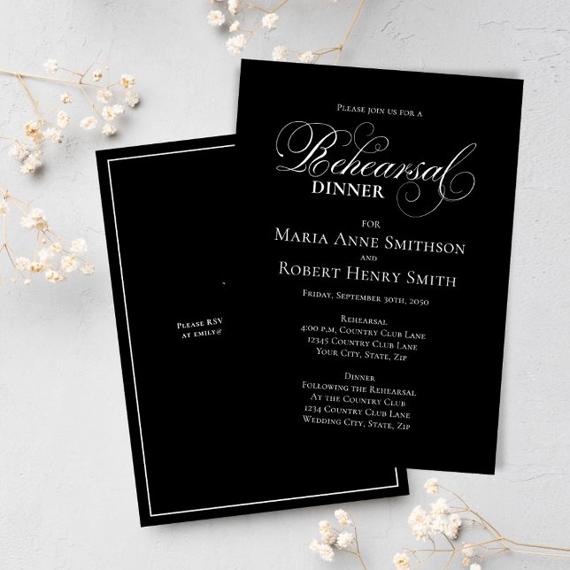 Invitación Cena de ensayo elegante en blanco y negro (Black and white calligraphy script rehearsal dinner invitation.)