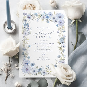 Invitación Cena de Ensayo Elegante Flor Silvestre Azul Polvor