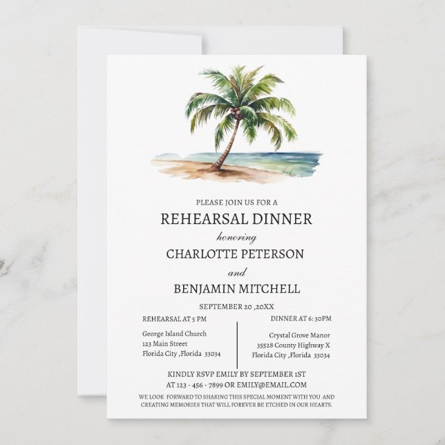 Invitación Cena de Ensayo en la Playa con Palma de Acuarela  (Anverso)