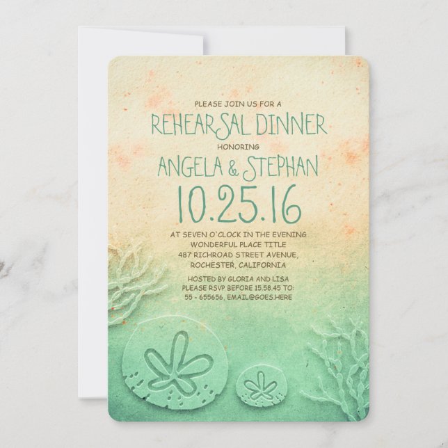 Invitación Cena de ensayo en la playa de Ombre - dólar de are (Anverso)