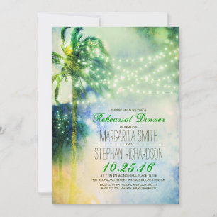 Invitación cena de ensayo en la playa de palmeras con luces d