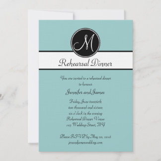 Invitación Cena de ensayo en monograma blanco azul negro