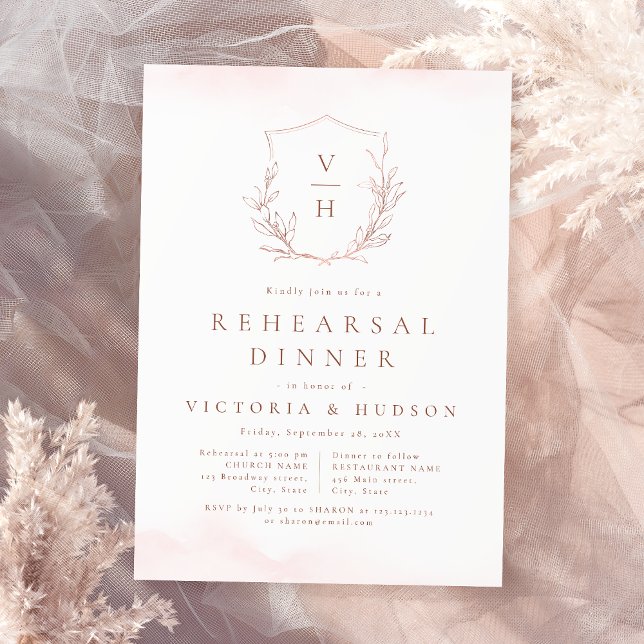 Invitación Cena de ensayo en monograma botánico de oro Rosa (Rose gold botanical monogram rehearsal dinner invitation)