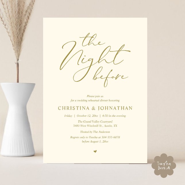 Invitación Cena de ensayo en oro amarillo “The Night Before” (“The Night Before” Elegant Script Romantic Rehearsal Dinner Invitation Card Yellow Gold Cream)