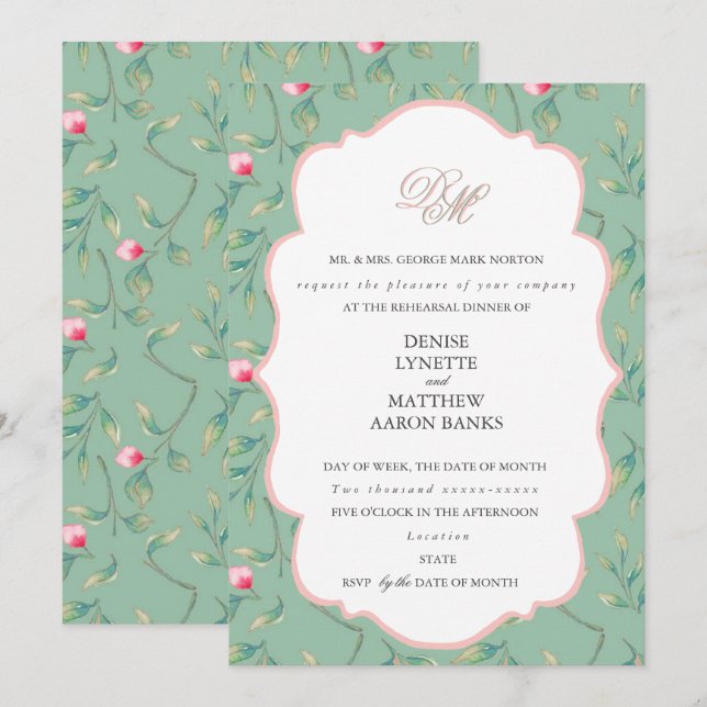 Invitación Cena de ensayo en verde Cameo y rosa Gossamer (Anverso / Reverso)