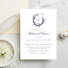 Invitación cena de ensayo escudo con monograma azul marino cl