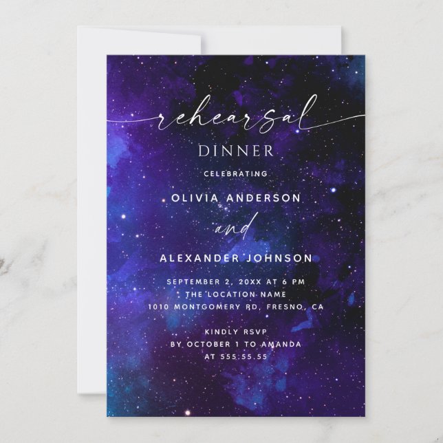 Invitación Cena de Ensayo Espacial | Boda Celestial de la Gal (Anverso)