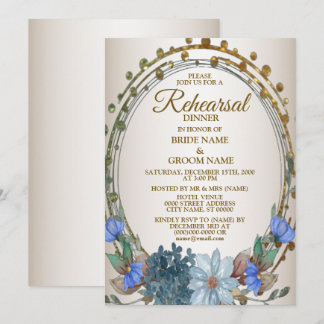 Invitación Cena de ensayo Fiesta Azul Floral Dorado Vintage