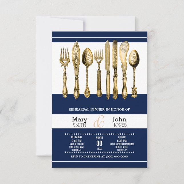 Invitación Cena de ensayo fiesta oro marino (Anverso)