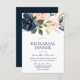 Invitación Cena de ensayo floral acuarela azul marino rosa