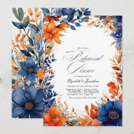 Invitación Cena de Ensayo Floral Acuarela Azul Marino y Naran