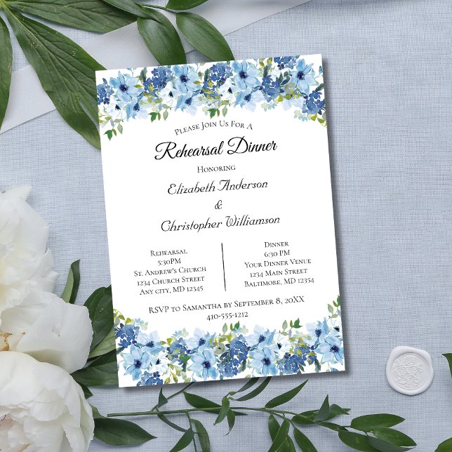 Invitación Cena de Ensayo Floral Acuarela Boho Verde Azul (Blue Watercolor Floral Wedding Rehearsal Dinner Invitation. Printed or Digital Instant download)