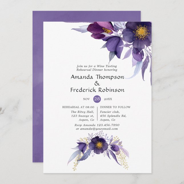 Invitación Cena de ensayo floral acuarela ciruela violeta (Anverso / Reverso)