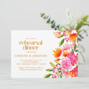Invitación Cena de Ensayo Floral Acuarela Rosa y Naranja