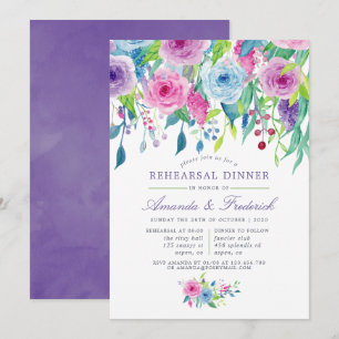 Invitación Cena de Ensayo Floral Acuarela Violeta Ultra