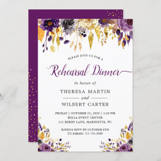 Invitación Cena de ensayo floral Ametist Purple Gold