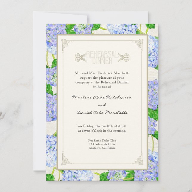 Invitación Cena de ensayo - Floral azul de hidrangea de encaj (Anverso)