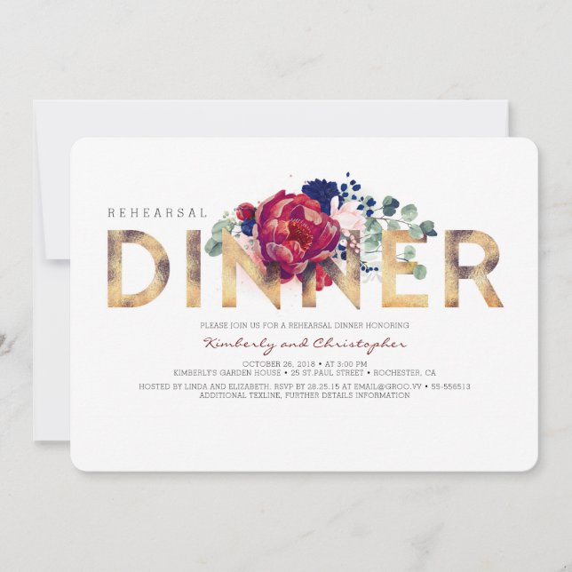 Invitación Cena de ensayo floral azul de la Marina y el rojo  (Anverso)