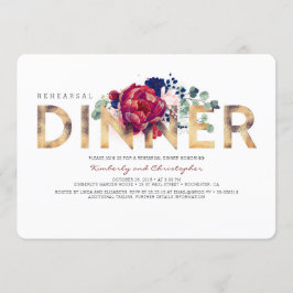 Invitación Cena de ensayo floral azul de la Marina y el rojo 