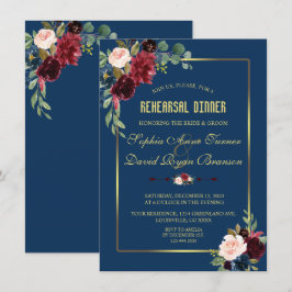 Invitación Cena de ensayo floral azul marino borgoña dorada
