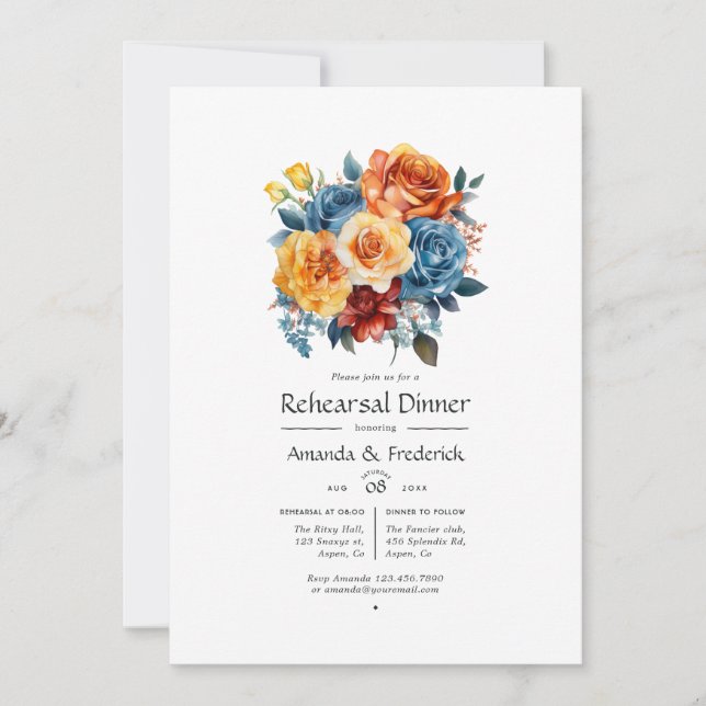 Invitación Cena de ensayo floral azul, Naranja, amarillo y ro (Anverso)