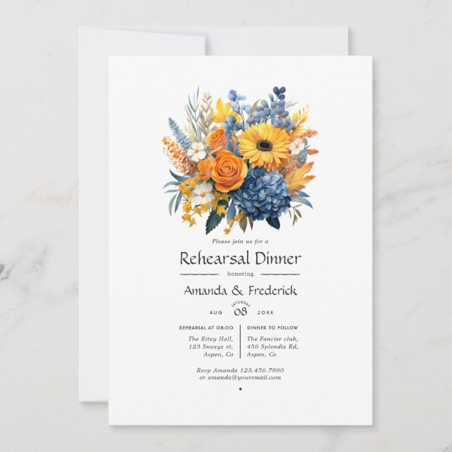 Invitación Cena de ensayo floral azul, Naranja y amarillo (Anverso)