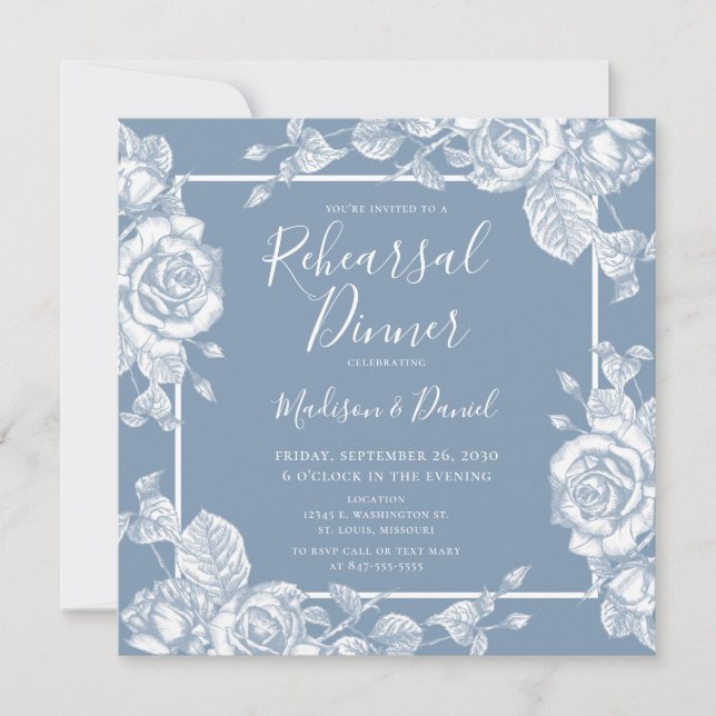 Invitación Cena de Ensayo Floral Azul Polvoriento (Anverso)