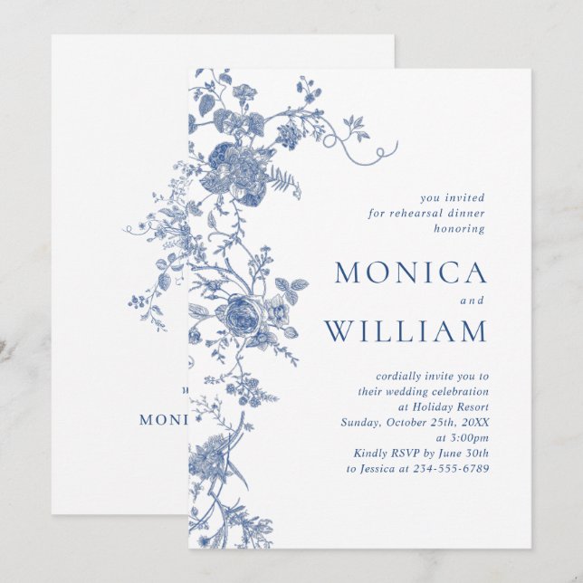 Invitación Cena de ensayo floral azul victoriano (Anverso / Reverso)