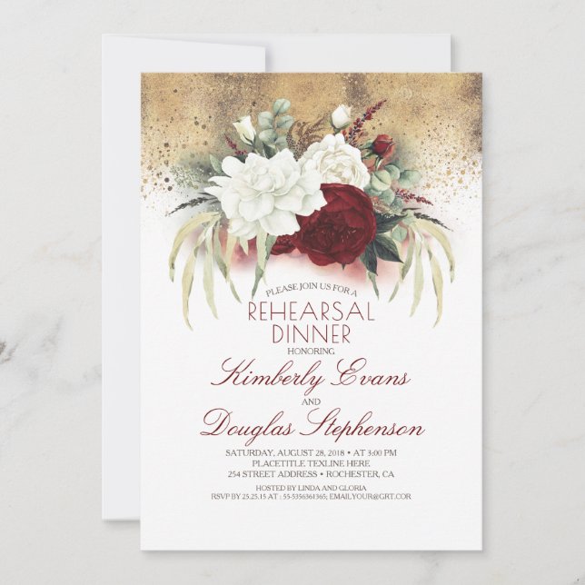 Invitación Cena de ensayo floral blanca y borgoñona roja (Anverso)