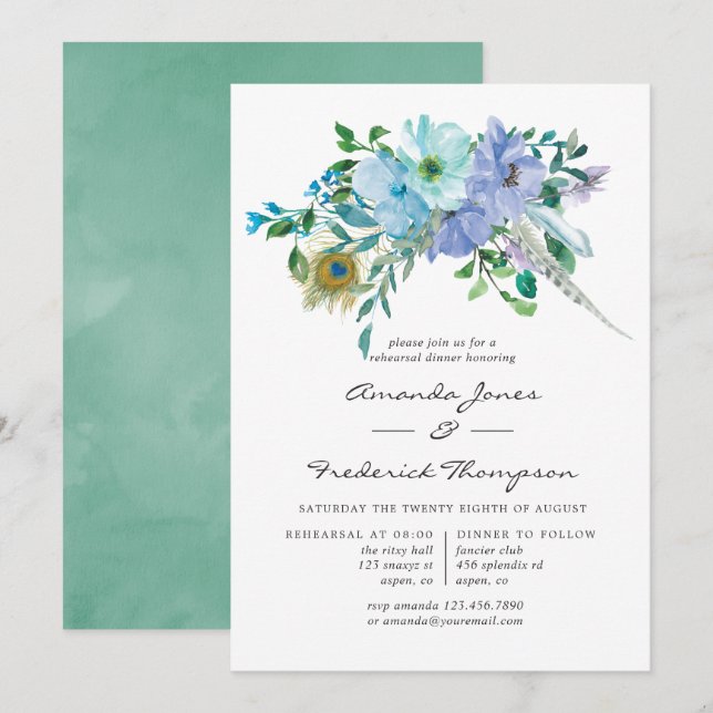 Invitación Cena de ensayo floral boho de menta y azul (Anverso / Reverso)