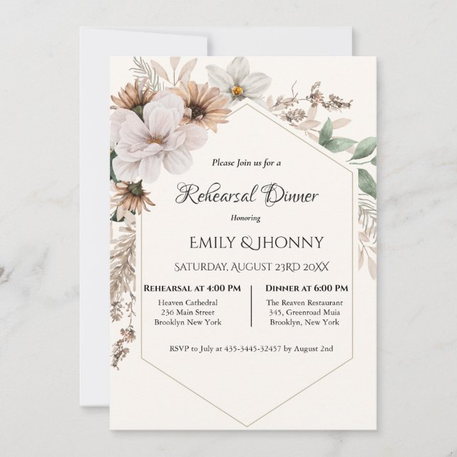 Invitación Cena de Ensayo Floral Boho Rústica (Anverso)