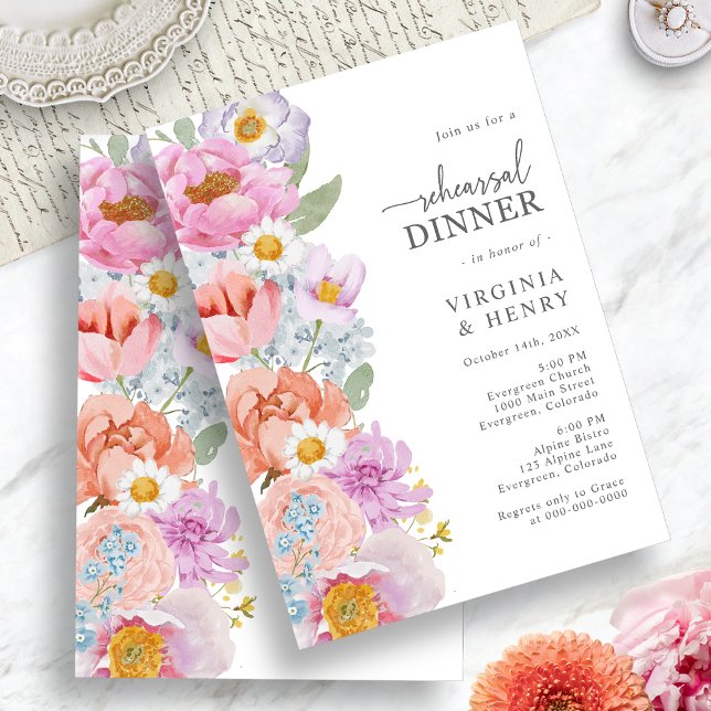 Invitación Cena de ensayo floral brillante (Bright Floral Rehearsal Dinner Invitation by Painted Paperie
)