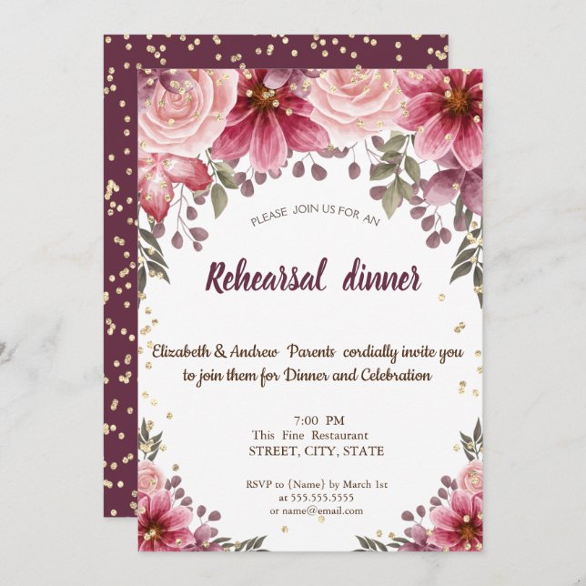 Invitación Cena de ensayo floral burgundy con diamantes de or (Anverso / Reverso)