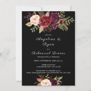 Invitación Cena de Ensayo Floral Burgundy Marsala - Negro