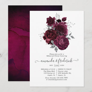 Invitación Cena de Ensayo Floral Burgundy y Plata