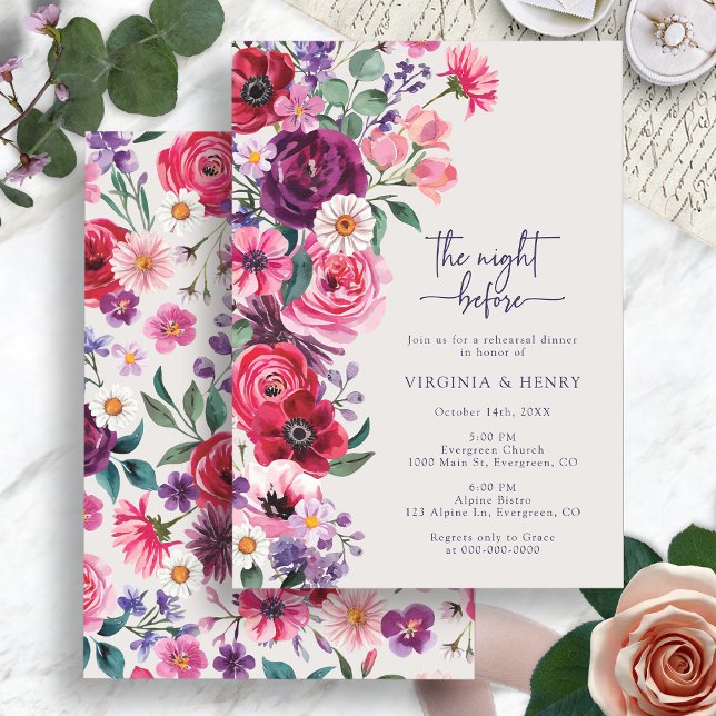 Invitación Cena de Ensayo Floral Colorida (Colorful Floral Watercolor Rehearsal Dinner Invitation by Painted Paperie
)