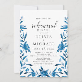 Invitación Cena de ensayo floral con acuarela azul y blanca