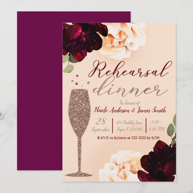 Invitación Cena de ensayo floral con champán y melocotón Mars (Anverso / Reverso)