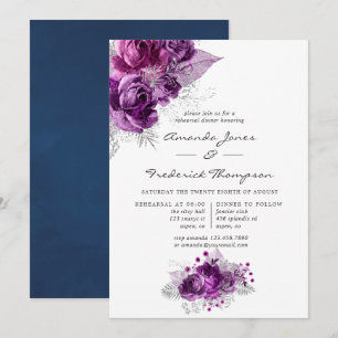 Invitación Cena de Ensayo Floral de Acuarela Ciruela y Azul M
