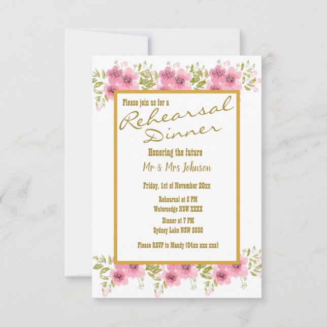 Invitación Cena de ensayo floral de anémona rosa acuarela (Anverso)