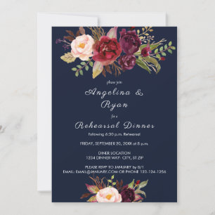 Invitación Cena de ensayo floral de Borgoña Marsala - Azul ma