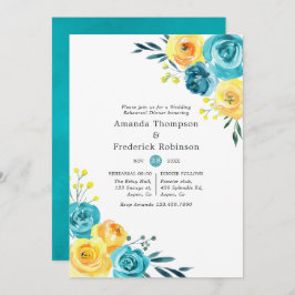 Invitación Cena de ensayo floral de color turquesa y amarillo