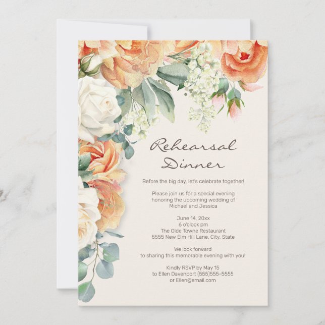 Invitación Cena de Ensayo Floral de Eucalipto Crema de Meloco (Anverso)